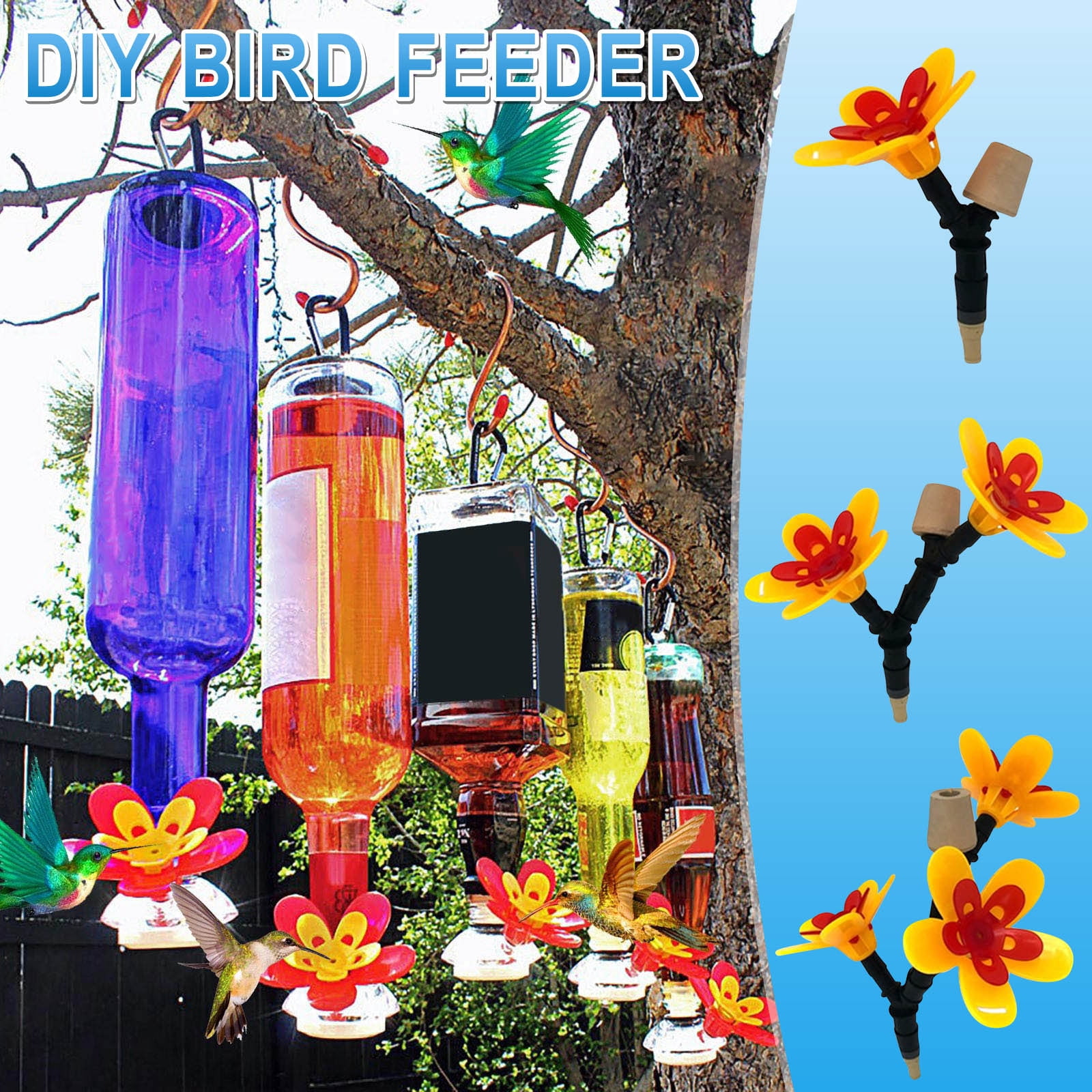 3 Pcs DIY Hummingbird Feeder Kit, FlowerShaped Design Turns Recycled Bottles Into Hanging Outdoor Hummingbird Feeders with Suction Cup for Garden Window Patio Terrace Balcony, Birthday Gifts for Men