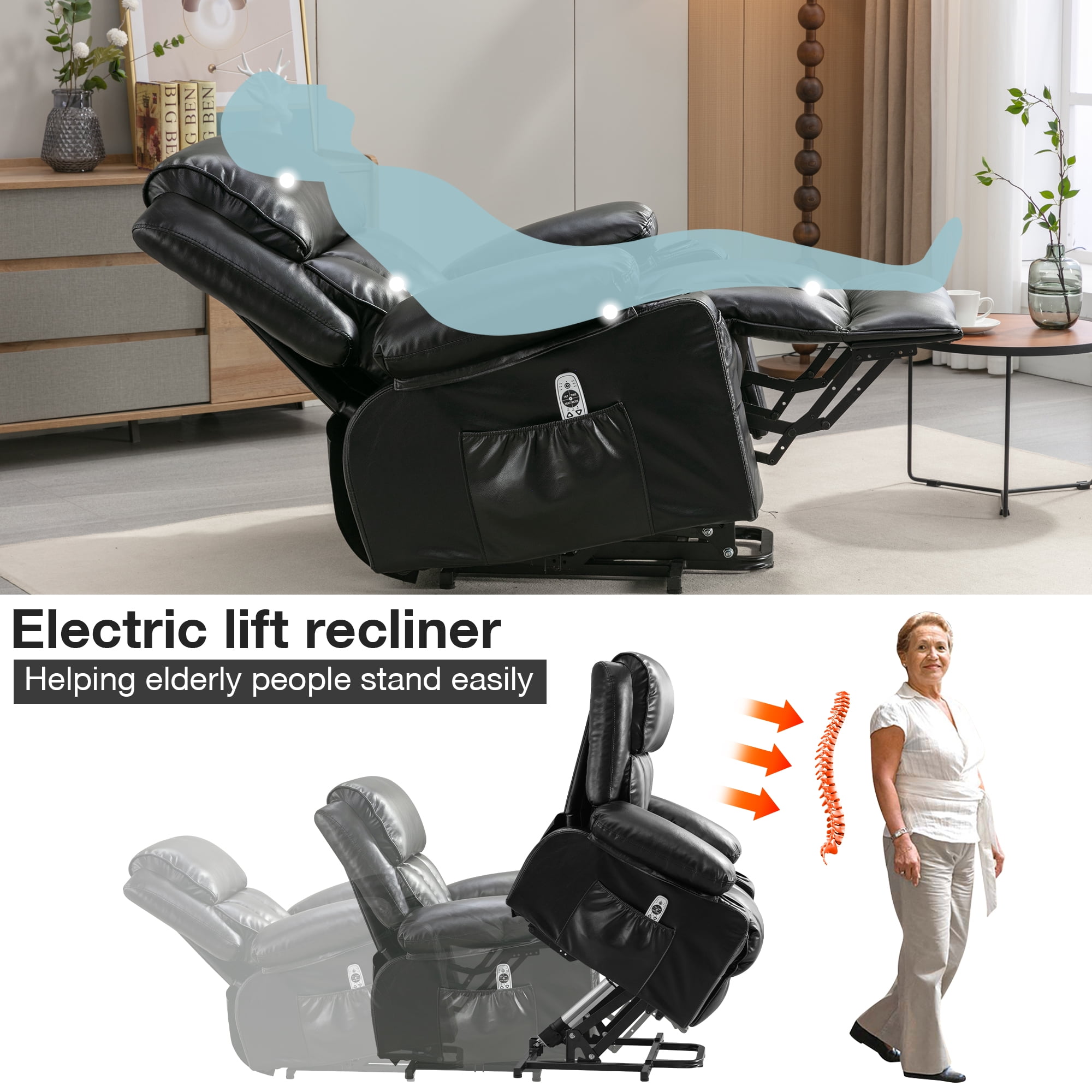Lift Recliner Chair, LEGAHOME Electric Power Lift Recliner for Elderly with Heat Therapy and Massage, Oversized PU Leather Recliner Chair with Cup Holders, USB Port, Side Pocketst, Black