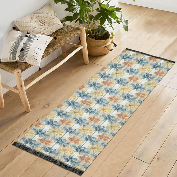Ryvnso Flower on Grid Checkered Pattern Bedroom Runner Rug 2'x6' Hallway Area Carpet Non Slip Entryway Mat with Tassels