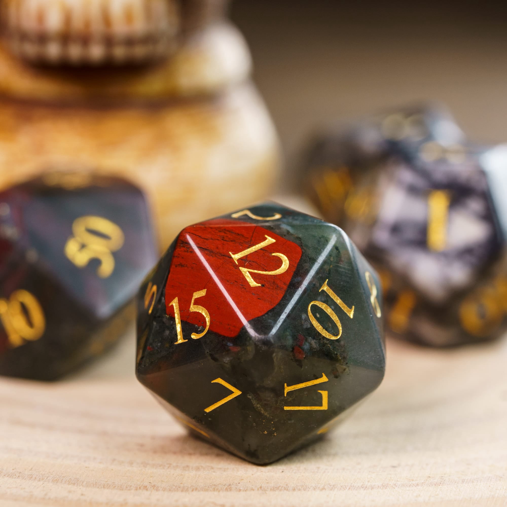 Cusdie Set of 7 Handmade Stone Dice, 16mm Polyhedral Stone Dice Set with Leather Box, DND Dices for Collection