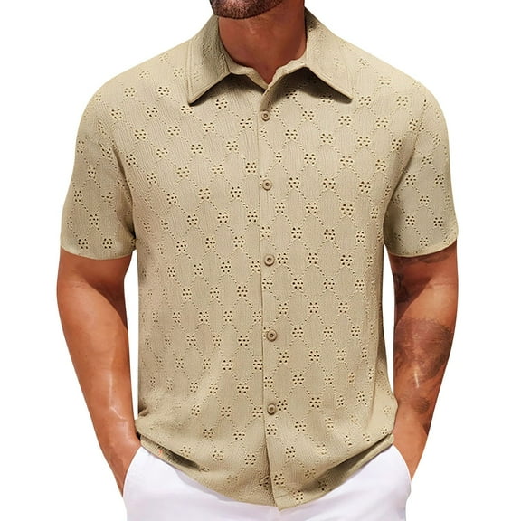 AHTJRT Mens Short Sleeve Casual Button Down Hawaiian Summer Beach Hollow Out Regular Fit Embroidered Shirts Tops Khaki M