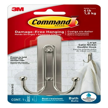 Command Large Double Bathroom Wall Hook, Satin Nickel, Damage Free Hanging, 1 Metal Hook