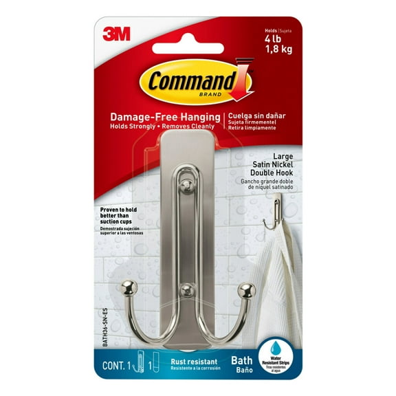 Command Bath Medium Hooks, Satin Nickel, 2 Wall Hooks and Command Large Double Bathroom Wall Hook, Satin Nickel