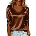 thumbnail image 3 of Women Silk Satin Tops Cap 3/4 Length Sleeve Blouse Summer V Neck Shirts Business Casual Outfits #01Brown L, 3 of 6