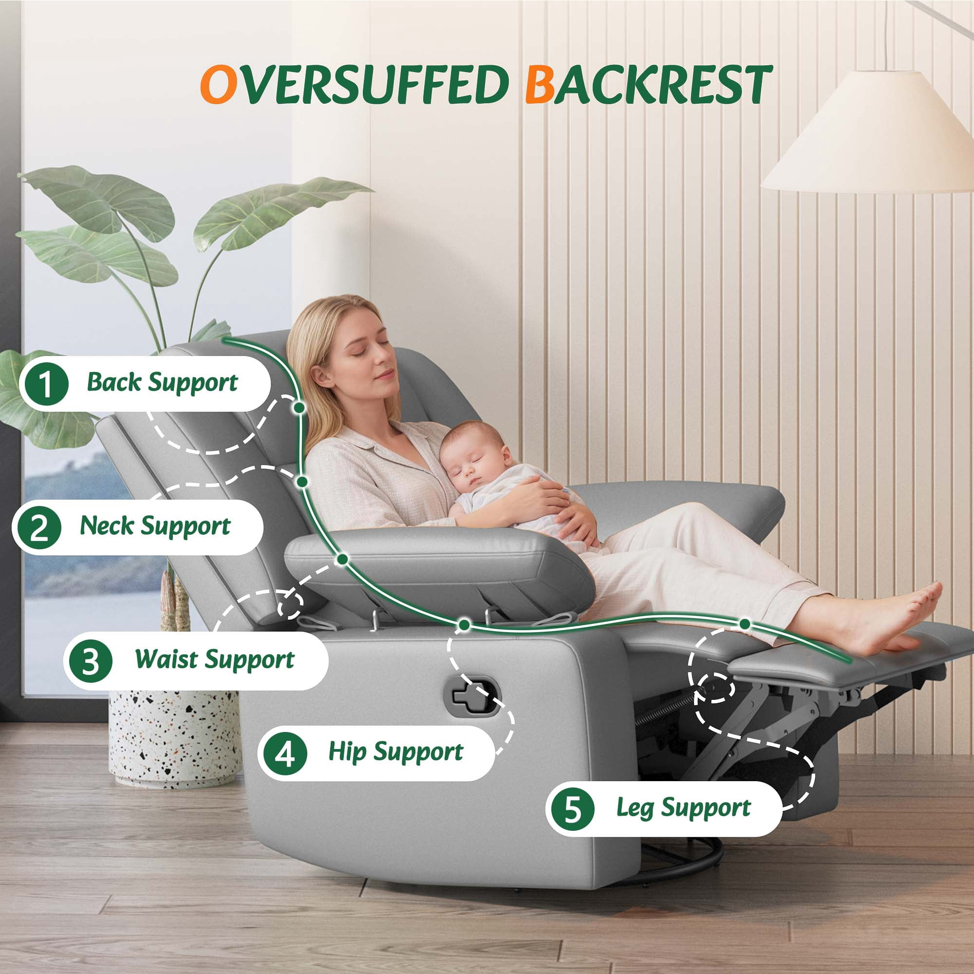 LAZZO Recliner Chair with Adjustable Armrest and Headrest, Upholstered Swivel Rocking Chair for Nursery & Living Room, Gray