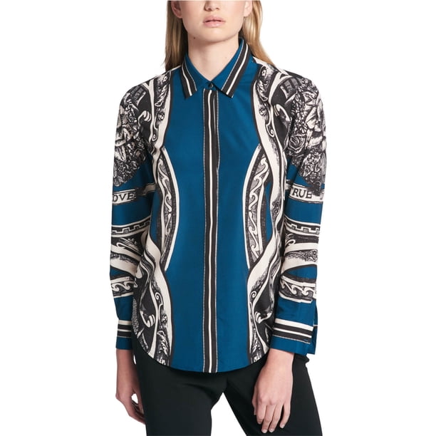 DKNY Camisa con botones y estampado de bufanda para mujer, azul, extragrande DKNY Camisa con botones