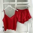 thumbnail image 3 of LYEAA Womens Sleepwear Valentine's Day Two Piece Soft Satin Nightwear Set V Neck Sling Tops with Shorts Cozy Loungewear Ladies Solid Ruffled Loose Casual Pajamas Sleepsuits Red M, 3 of 3