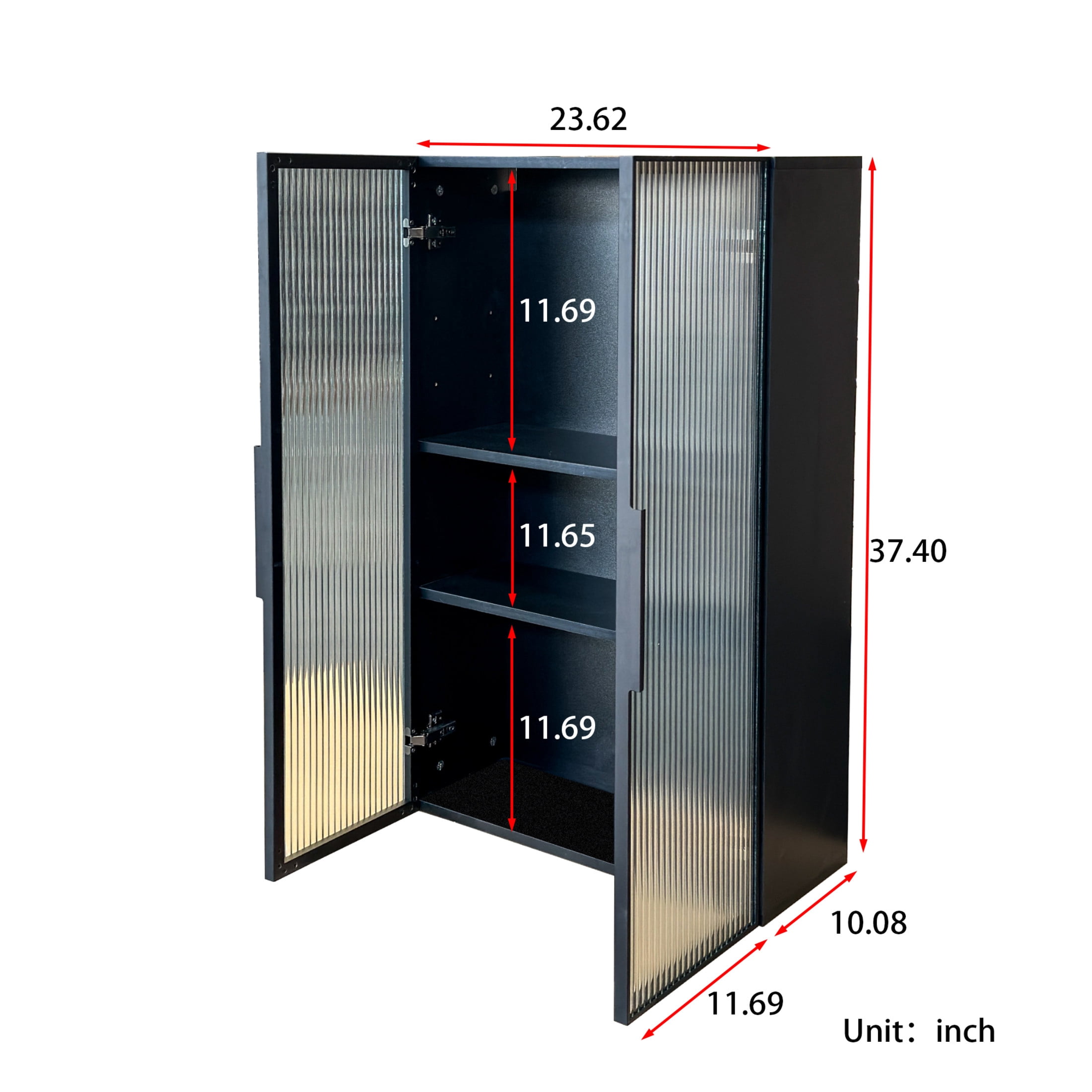 Noble House 37.4" Wall Mounted Storage Cabinet with Metal Glass Doors, 3-Tier Floating Bathroom Cabinet, Black