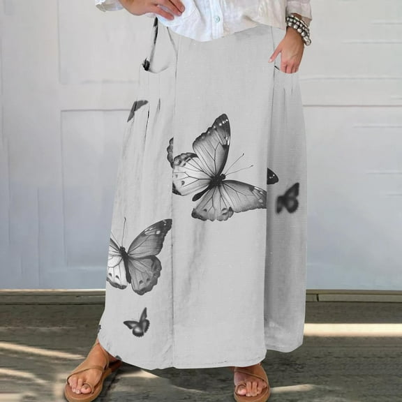 Xixinqiwan No Boundaries Women Maxi Skirts Clearance,Women's Cotton Midi Skirts High Waist A-line Flared Skirt Trendy Casual Floral Skirt with Pockets