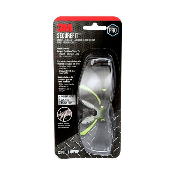 Lunettes de protection SF400C-WV-4-PS SecureFit(MC) 3M(MC) de Série 400, monture noire, accent vert, verres antibuée transparents Verres transparents
