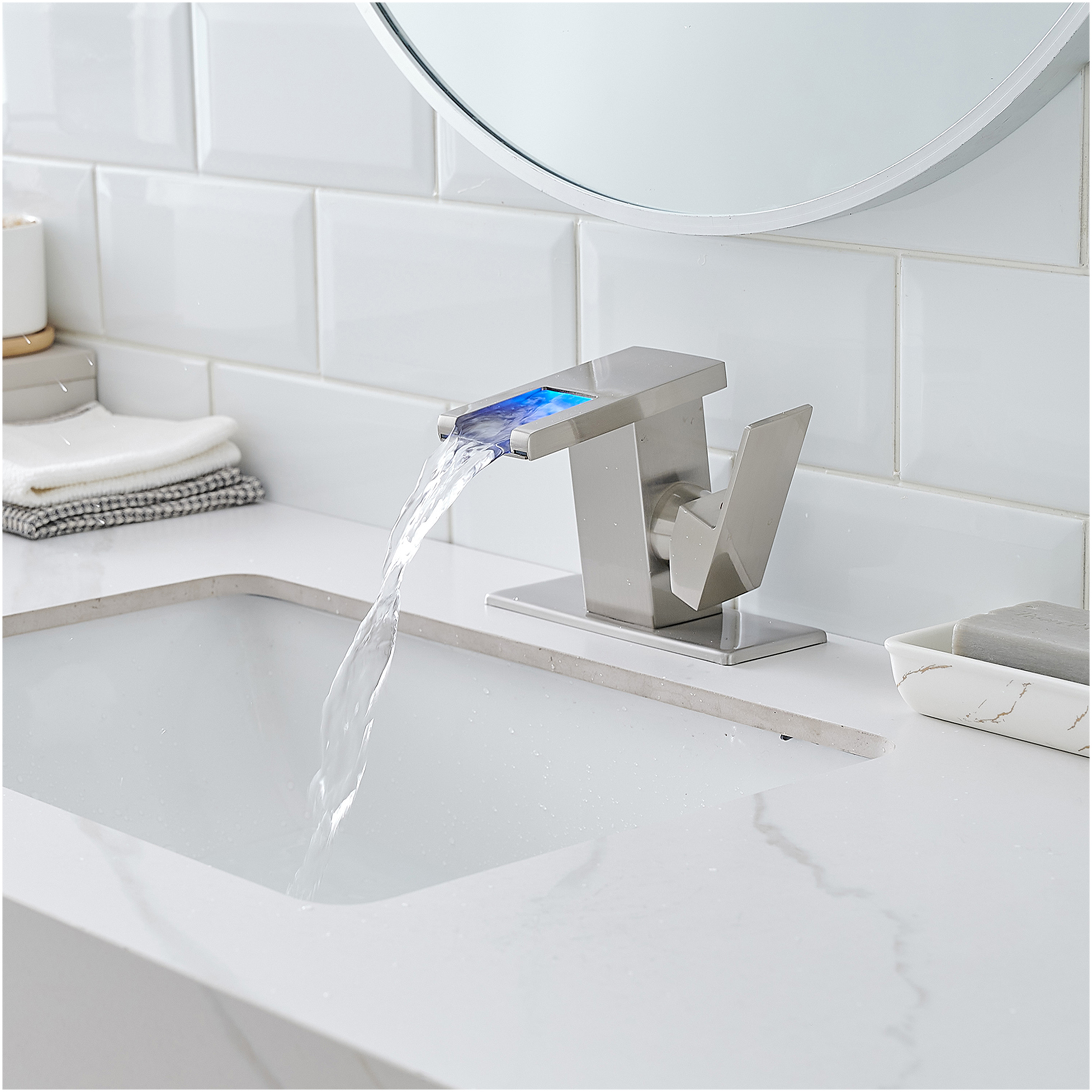 JERFIT LED Waterfall Bathroom Sink Faucet, Single Handle Single Hole Deck Mount Brushed Nickel, Temperature Changing Light