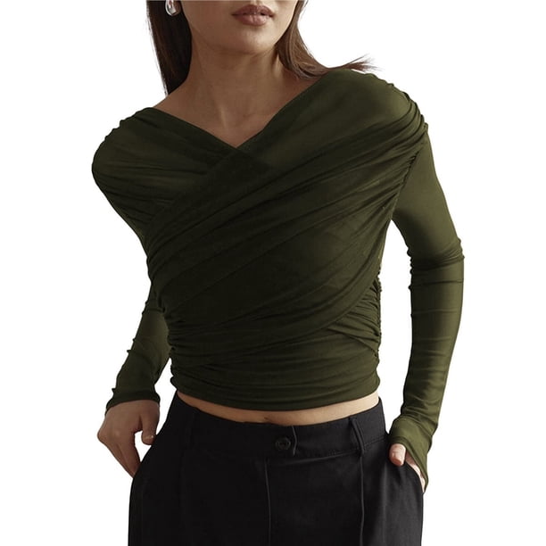 Blusas de Fiesta para Mujer, Modernas, con Escote en V, Larga, de Transparente y Fruncida. Verde L