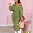 thumbnail image 2 of LYXSSBYX 2 Piece Outfit for Women Women's Fashion V-Neck Long Sleeve Short Casual Pants Set, 2 of 3