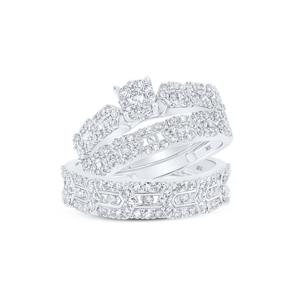 10kt White Gold His Hers Round Diamond Cluster Matching Wedding Set 1-3/8 Cttw