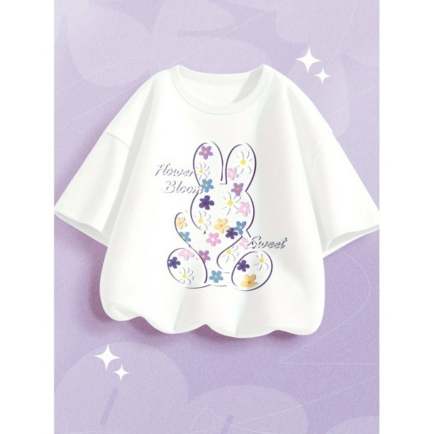 Camiseta de manga corta para niña, top informal de verano de punto de algodón con cuello redondo, estampado de conejo y flores, corte regular, para niñas de 3 a 14 años, top informal de verano | Esta