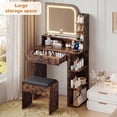 thumbnail image 2 of Vanity Set with Mirror and Lights, Akaber Small Makeup Vanity Desk with Stool, Charging Station, Compact Brown Vanity with LED Strip, 2 of 10