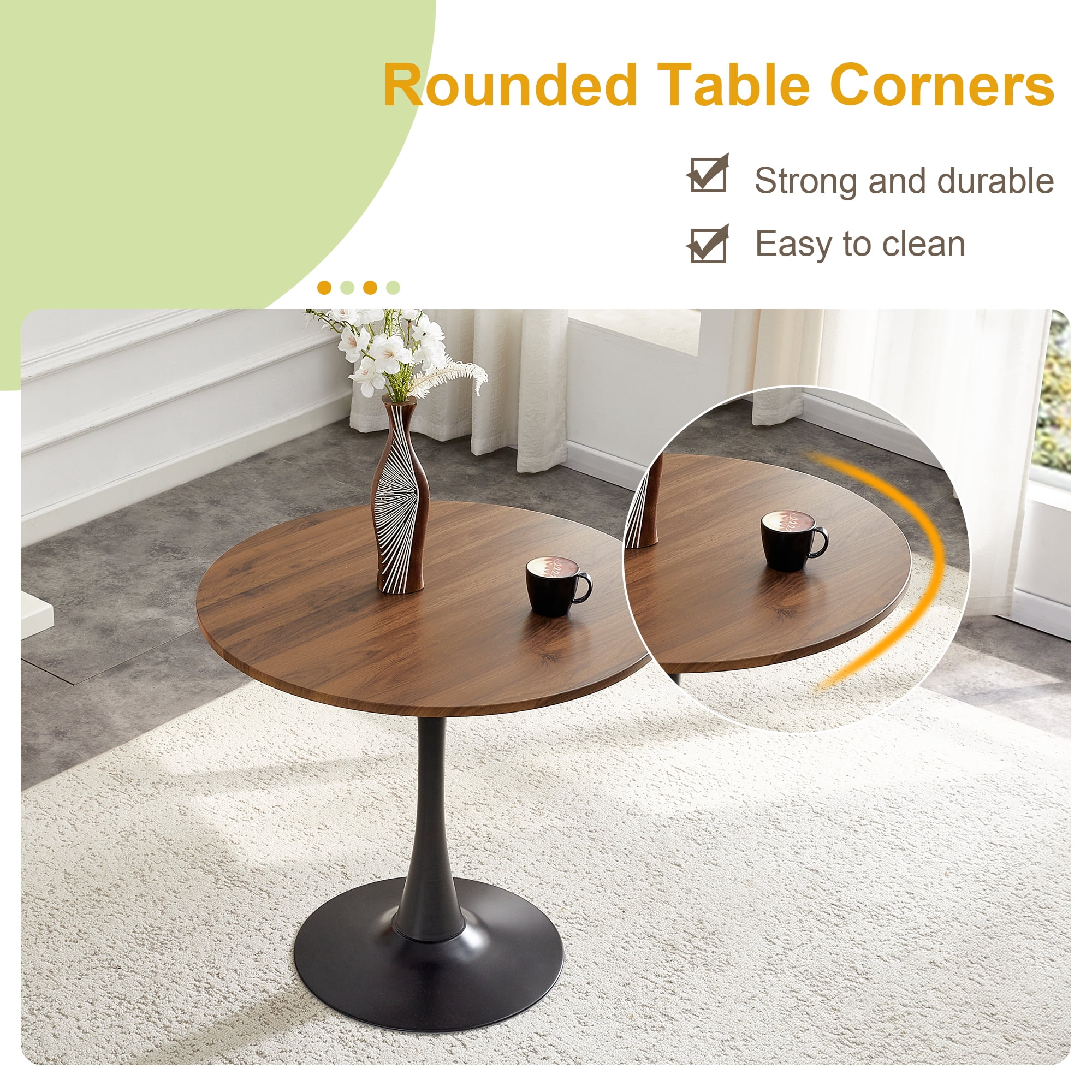 Miniyam 31.5" Round Kitchen Dining Table for 2–4 People, Small Space Pedestal Tulip Table with Engineered Wood Top, Walnut&Black