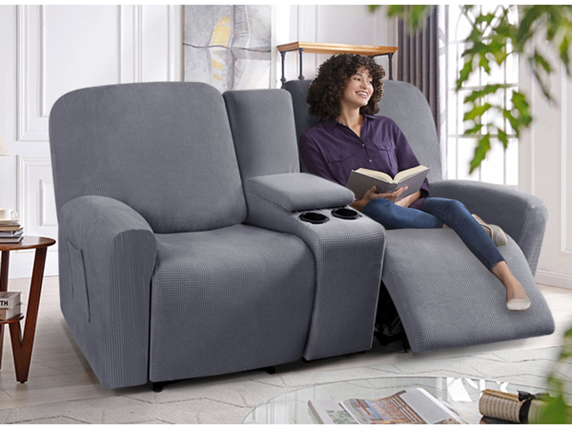 TAOCOCO Stretch Recliner Loveseat Slipcover with Middle Console, 4-Pieces Reclining Sofa Cover for 2 Seat Couch Recliner Sofa Slipocvers Furniture Protector, Dray