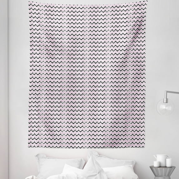Grey Chevron Tapestry, Sketchy Pastel Triangles Stripes Vintage Hand Drawn Pattern, Fabric Wall Hanging Decor for Bedroom Living Room Dorm, 5 Sizes, Pale Pink Dark Grey, by Ambesonne