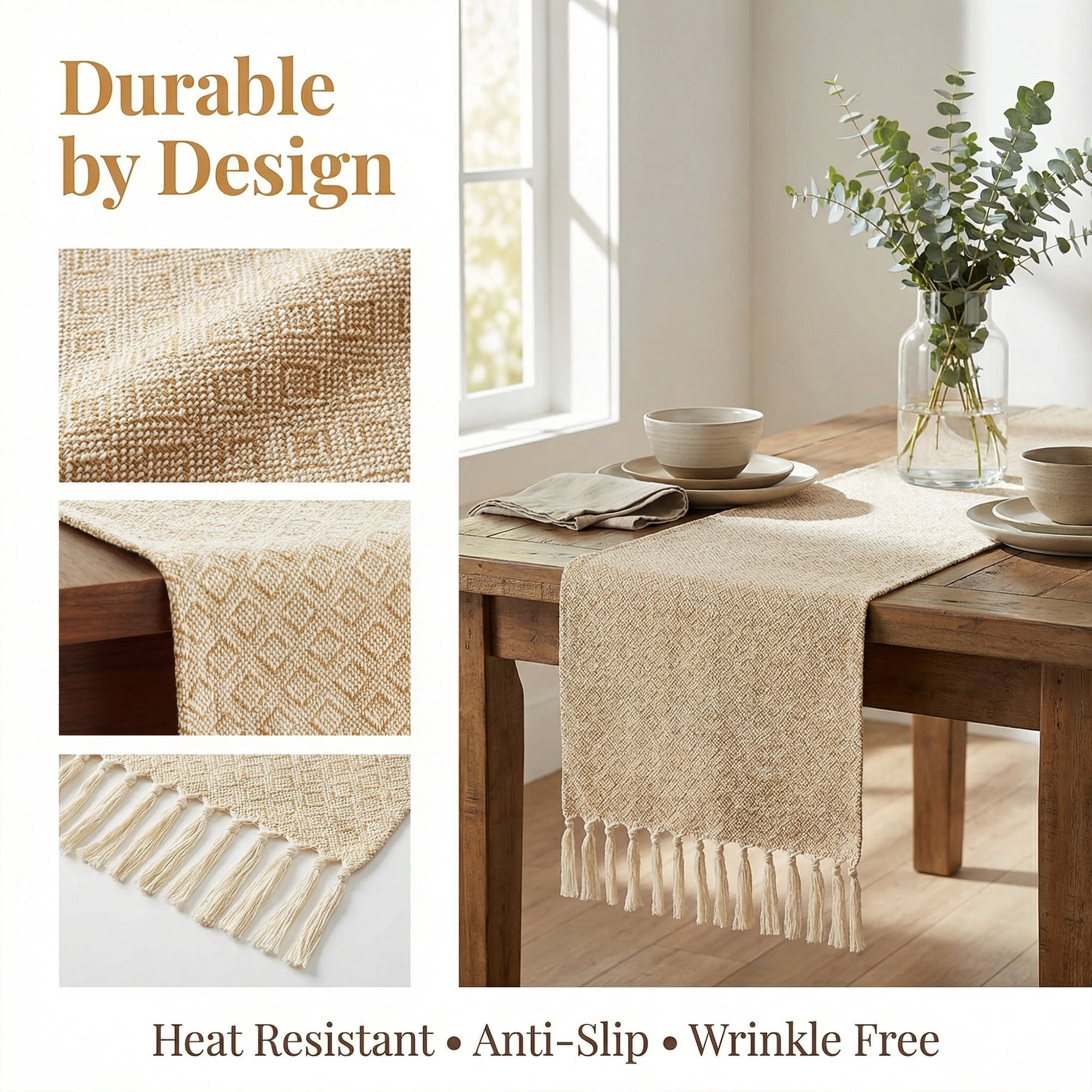 Unique Bargains Long Washable Tassels Table Runner for Decorations Small Squares 13"x72"