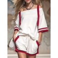 thumbnail image 5 of Women Color Block Off Shoulder Short Sleeve Top and Drawstring Shorts 2 Piece Outfit Set White S, 5 of 9