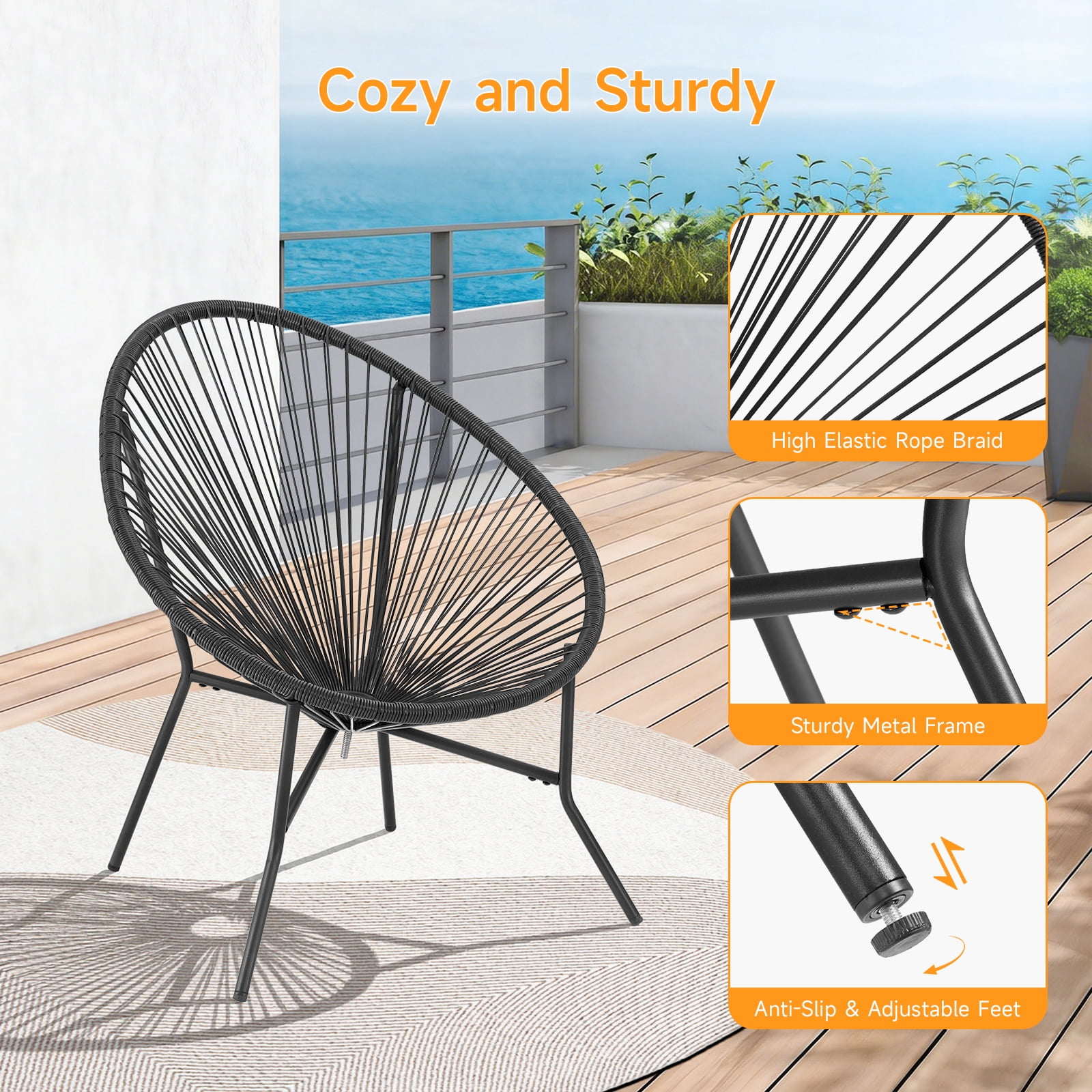 Dovov Acapulco Chair Set of 2, Outdoor Seating Patio Chairs Modern Wicker Bistro Chairs All-Weather Papasan Chair for Balcony Garden Backyard Porch Deck, Black