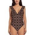 thumbnail image 2 of Fotbe Brown Gold Grid Women's Tummy Control Swimsuits Slimming One Piece Bathing Suit Ruffle Wrap V Neck Swimwear-, 2 of 8