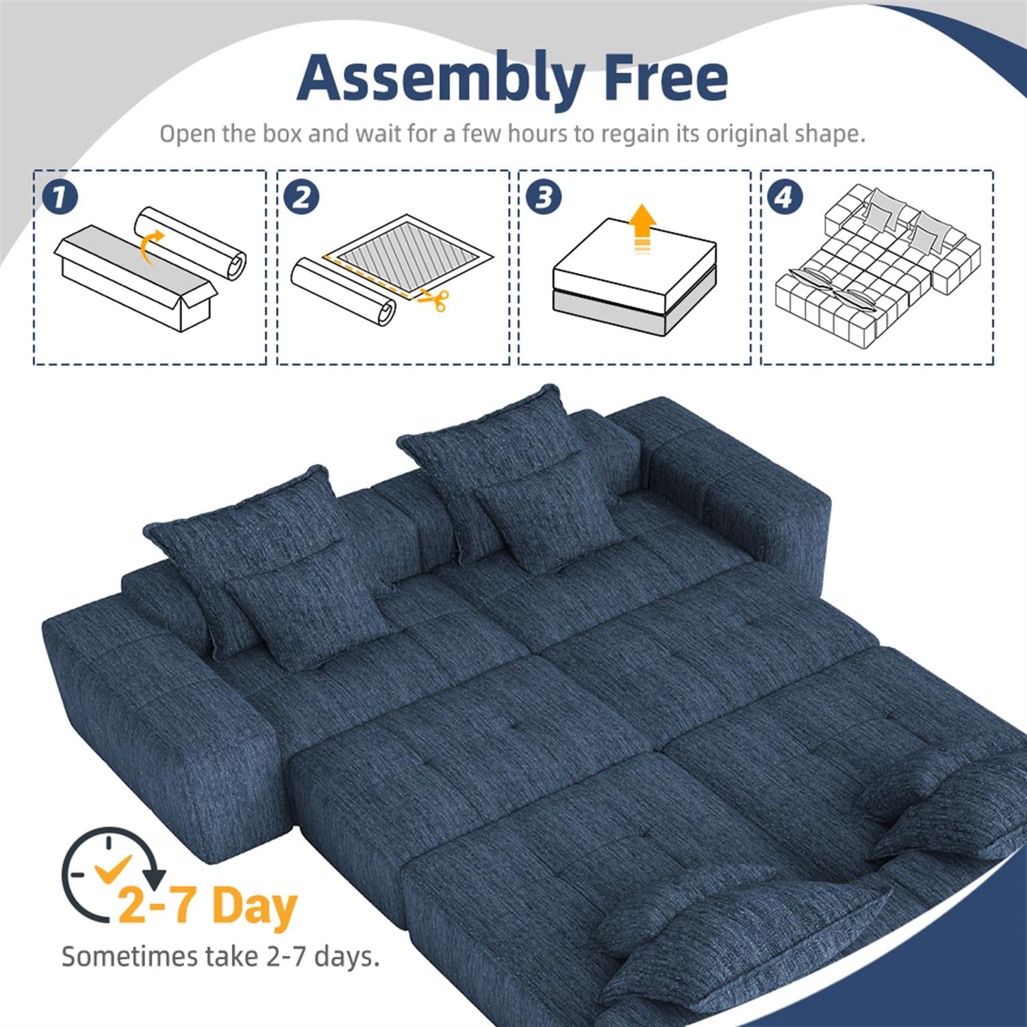 Demi Bonn 127" Modular Sectional Sofa with 8 Throw Pillows, Plush Chenille Upholstery DIY Tufted Couch for Living Room, No Assembly Needed, Blue