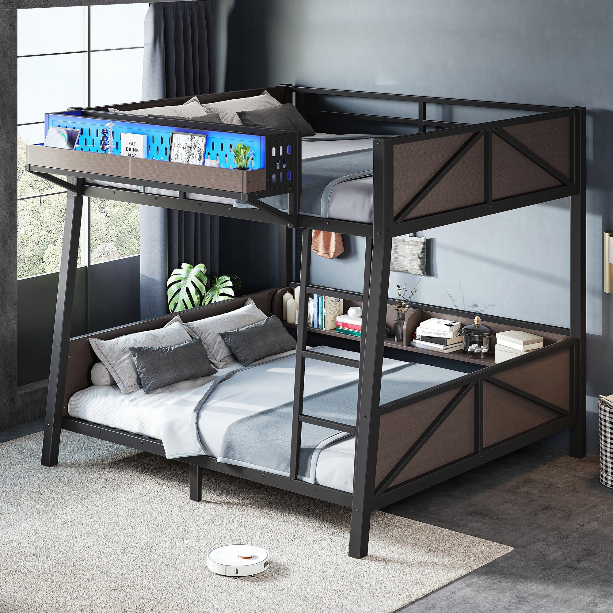 HOQBN Bunk Bed Twin Size with Storage Shelves,Metal Bunk Bed Frame with LED Light and USB Ports,Black
