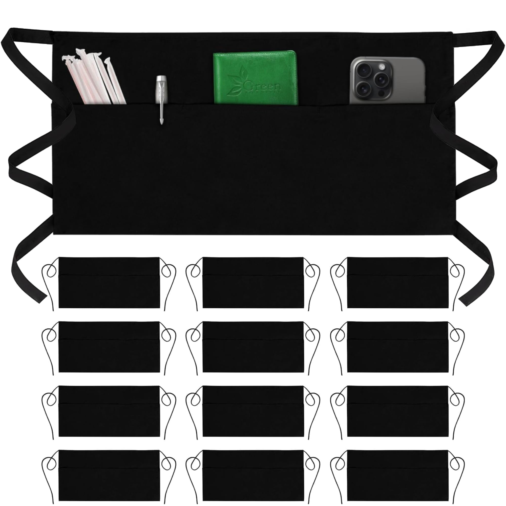 Cooking Aprons Server - 12 Pack Water Resistant Waist Apron with 3 Pockets