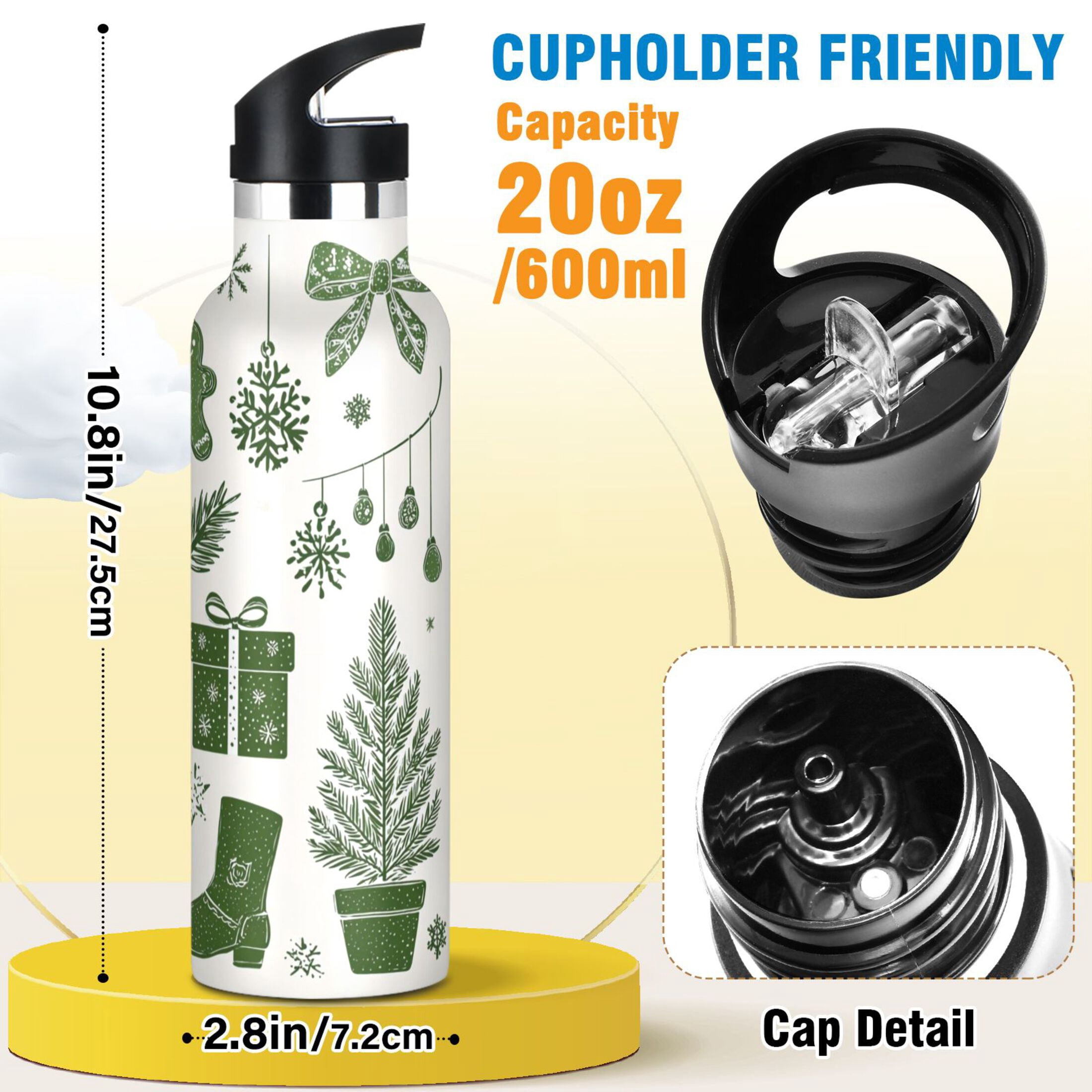 600ML Stainless Steel Insulated Cup Sports Water Bottle Portable Thermos Cup Water Glasses Insulated Tumblers Convenient and Durable Warm Christmas Gingerbread Man