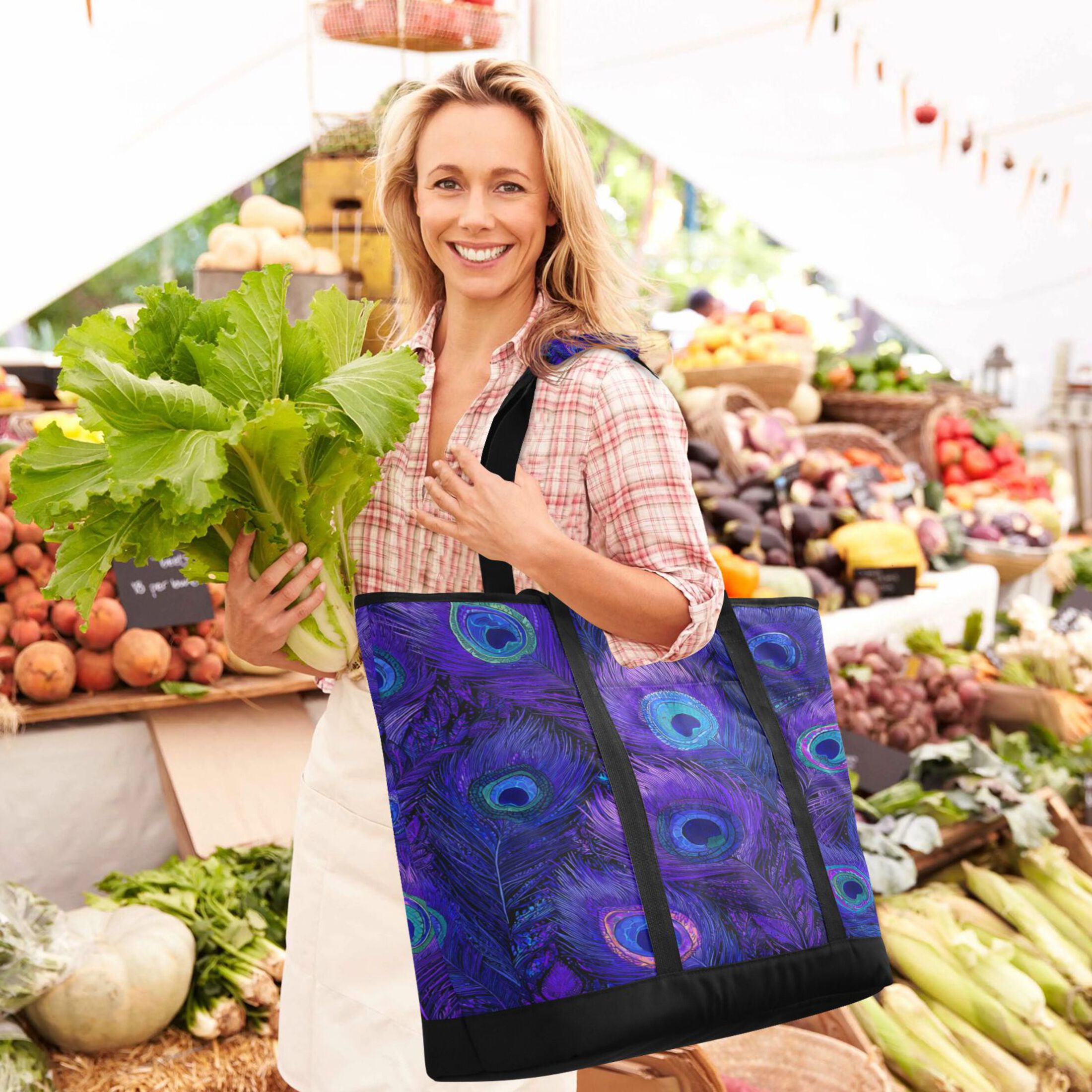 Extra-Large Wide Opening Design Capacity Hand-Held Ice Pack Thickened Insulation Layer For Long-Lasting Cold Retention For Outdoor Shopping Picnics And Camping Peacock Feathers