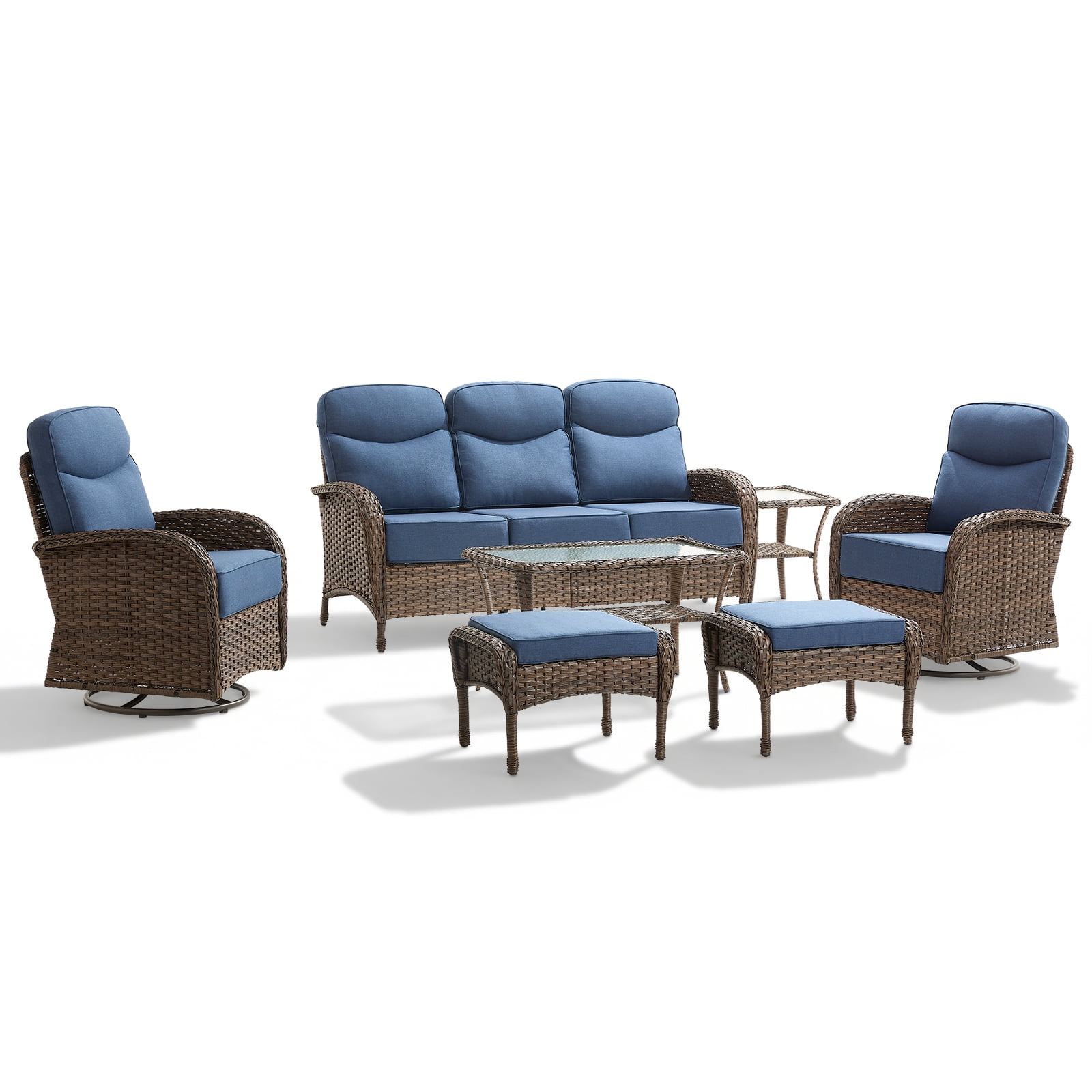 POCASSY 7 Pieces Patio Furniture Set with 6-inch Thick Cushion, Brown Wicker High Back Outdoor Couch and Swivel Glider Patio Chairs, Sectional Patio Set Ideal for Front Porch Backyard , Blue Cushion