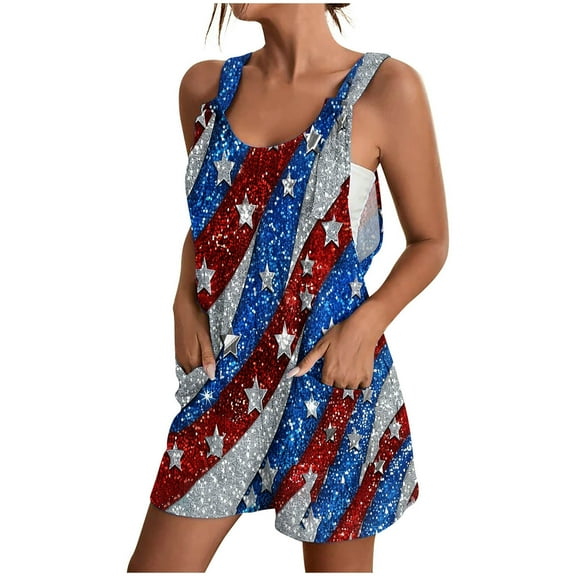 Women's 4th of July Romper - Floral Stars Print Adjustable Straps