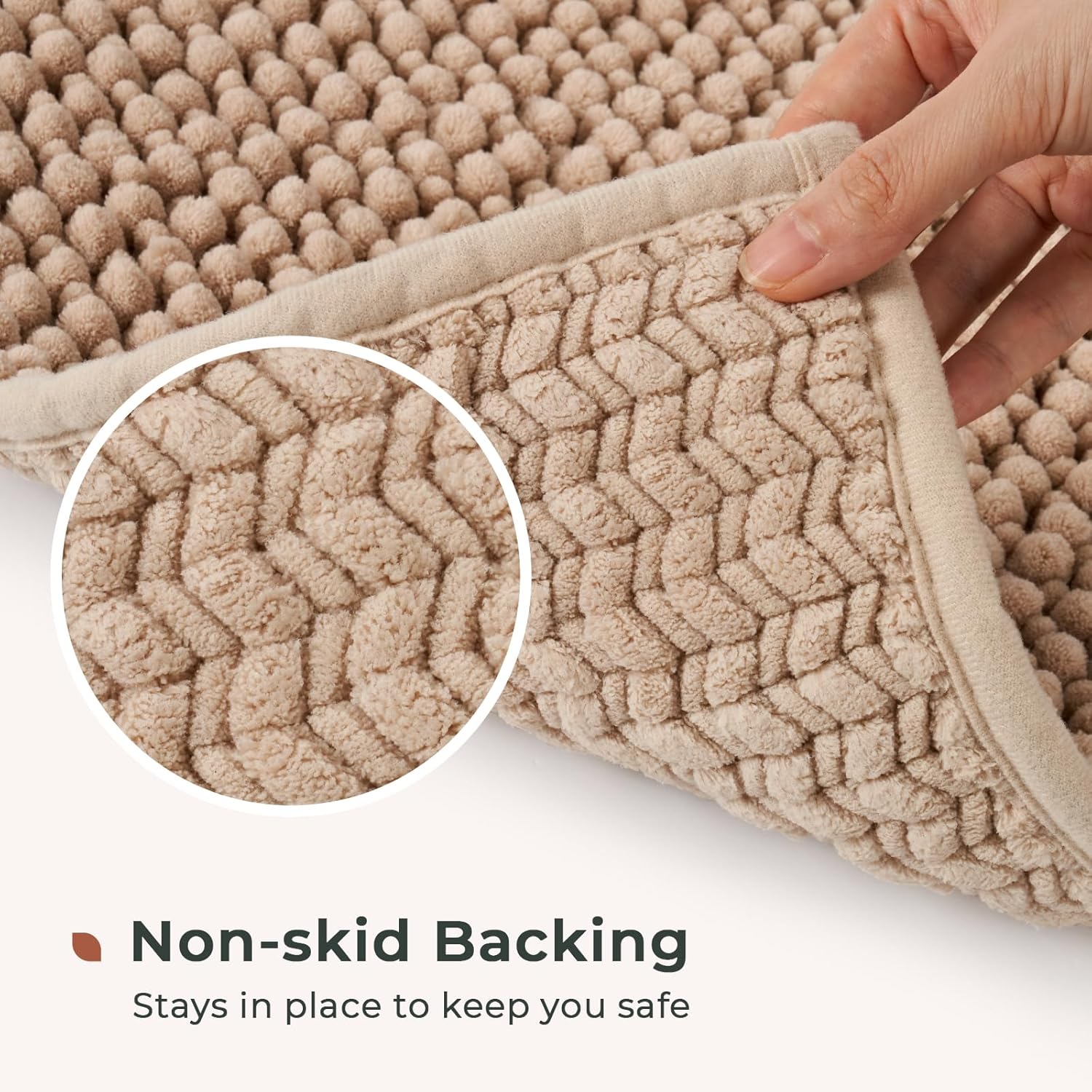 FRESHMINT Chenille Bathroom Rugs Set - 2 Piece 17''x24''+20''x32'', Non-Slip Absorbent Bath Mats, Washable Set of 2 Shower Floor Mats, Beige