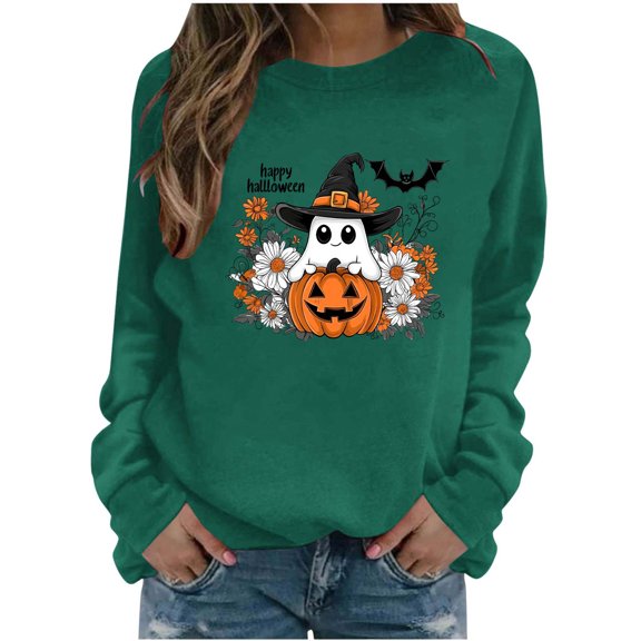 Women's Long Sleeve Crew Neck Sweatshirt Halloween Cute Ghost Pumpkin Graphic Relaxed Fit Casual Holiday Pullover Tops