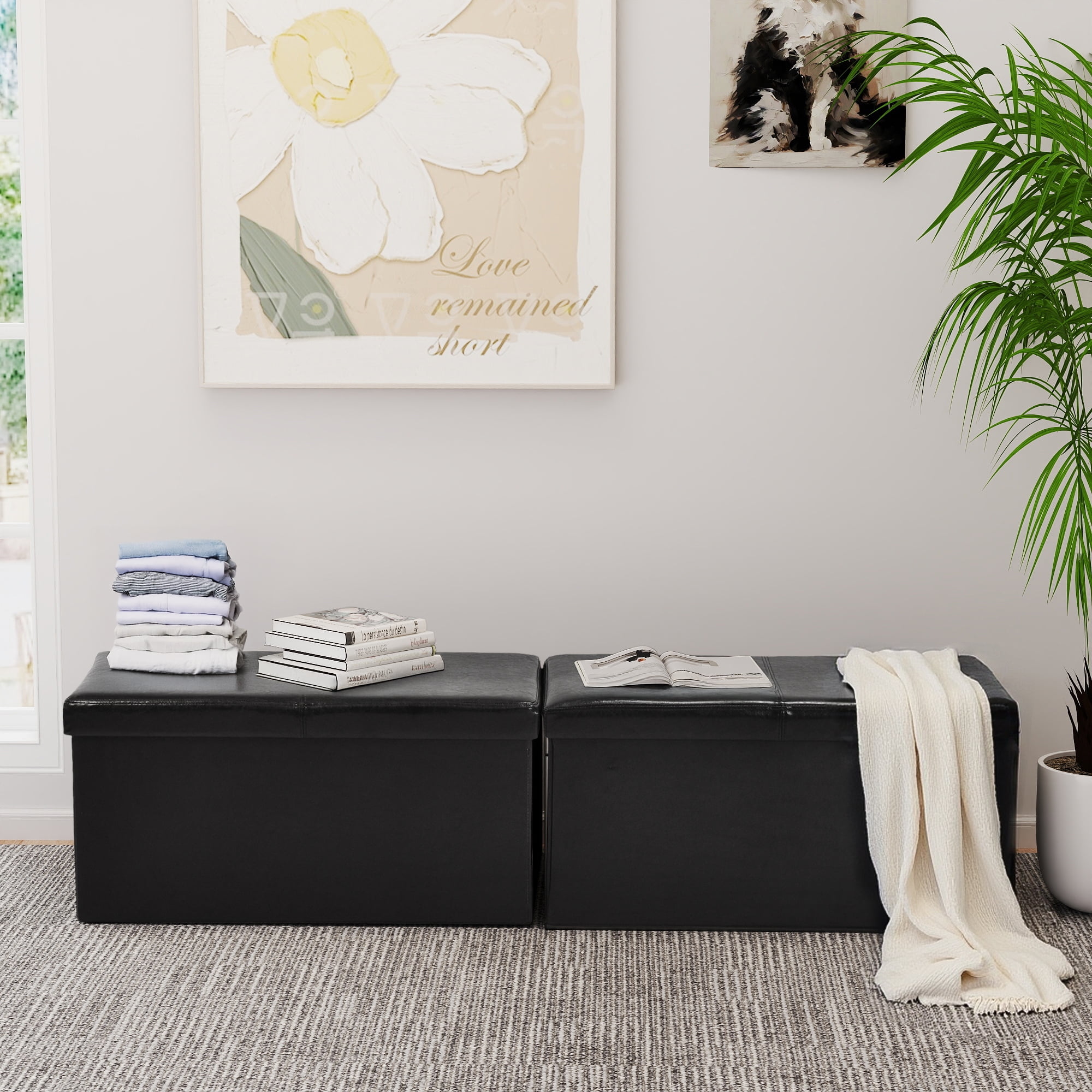 Banc de rangement pliable Homy Casa, ensemble de 2, siège en similicuir avec rangement dissimulé, noir