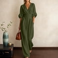 thumbnail image 2 of HAIJIE Women’s Wrap V-Neck Jumpsuit, Cuffed 3/4 Sleeves, Waist Cinched, Wide Leg, Assorted Solid Colors (Green,M), 2 of 6