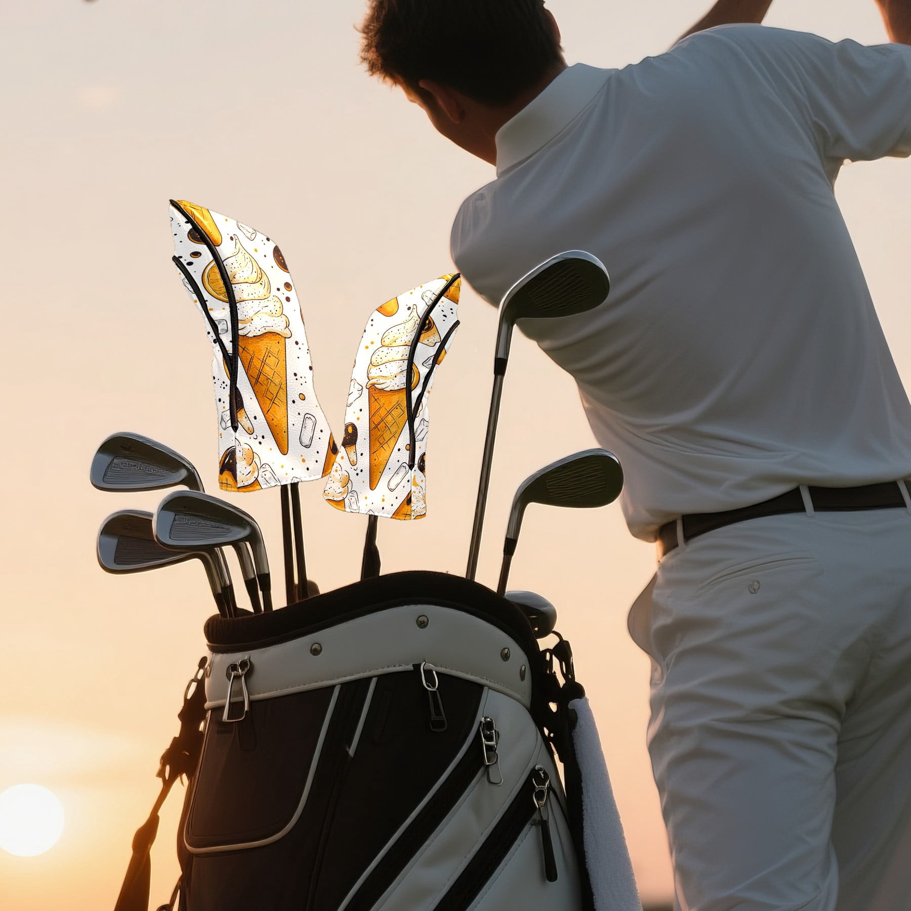 Golf Club Covers PU Leather Waterproof Head Covers for Fairway Woods Hybrids Yellow Ice Cream Pattern