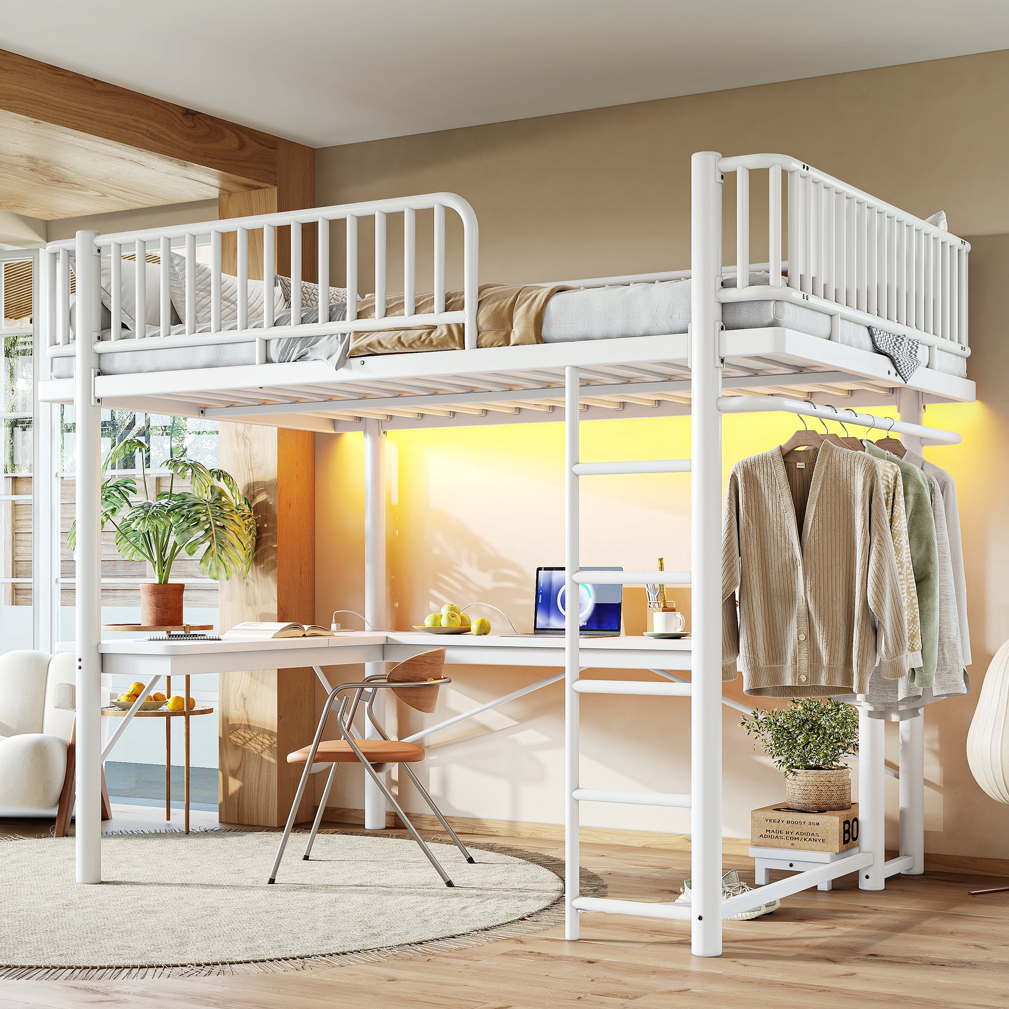 Leumius Queen Loft Bed with L-Shaped Desk,LED Light Strip and Charge Station,Metal Loft Bed Frame with Computer Mainframe Tray and Hanging Area,Light White