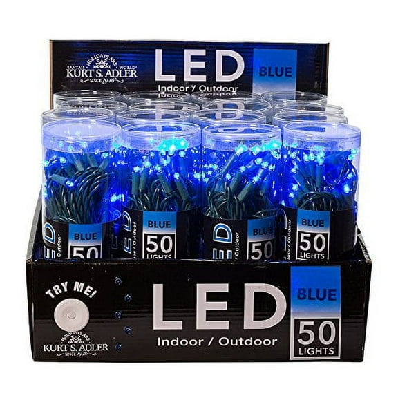 Kurt Adler 50-Light Blue LED Christmas Light Set, 5mm Bulbs on Green Wire – UL Listed (UL4100B)