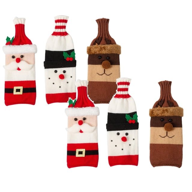 Oleegame 2PC Christmas Wine Bottle Cover Christmas Sweater Wine Bottle Bags For Christmas Decorations Santa Clause Snowman & Reindeers Drawstring Wine Gift Bags Christmas Decor Gift Red
