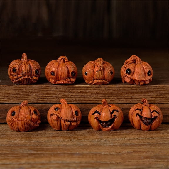 Halloween 16pc Mini Pumpkin Skull Decor Set, Tiny Skeleton Head Figurine Collection Assorted Designs for Tabletop Shelf Party Scene Setting Home Accent Ornament