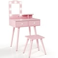 thumbnail image 2 of TLSUNNY Kids Vanity Table and Stool Set, w/ Lights & Mirror, Wooden Princess Makeup Desk Set with Storage Drawers, for Girls, 2 of 8