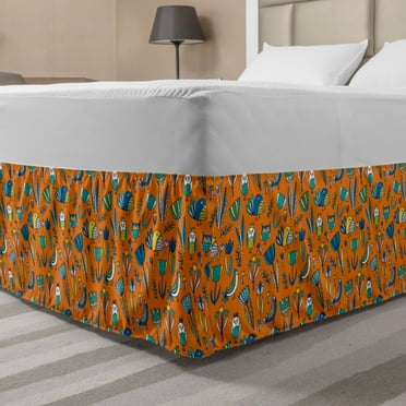 Botanical Bed Skirt, Childish Repeating Pattern of Abstract Tulips and Birds Print, Elastic Bedskirt Dust Ruffle Wrap Around for Bedding Decor, 4 Sizes, Orange and Multicolor, by Ambesonne