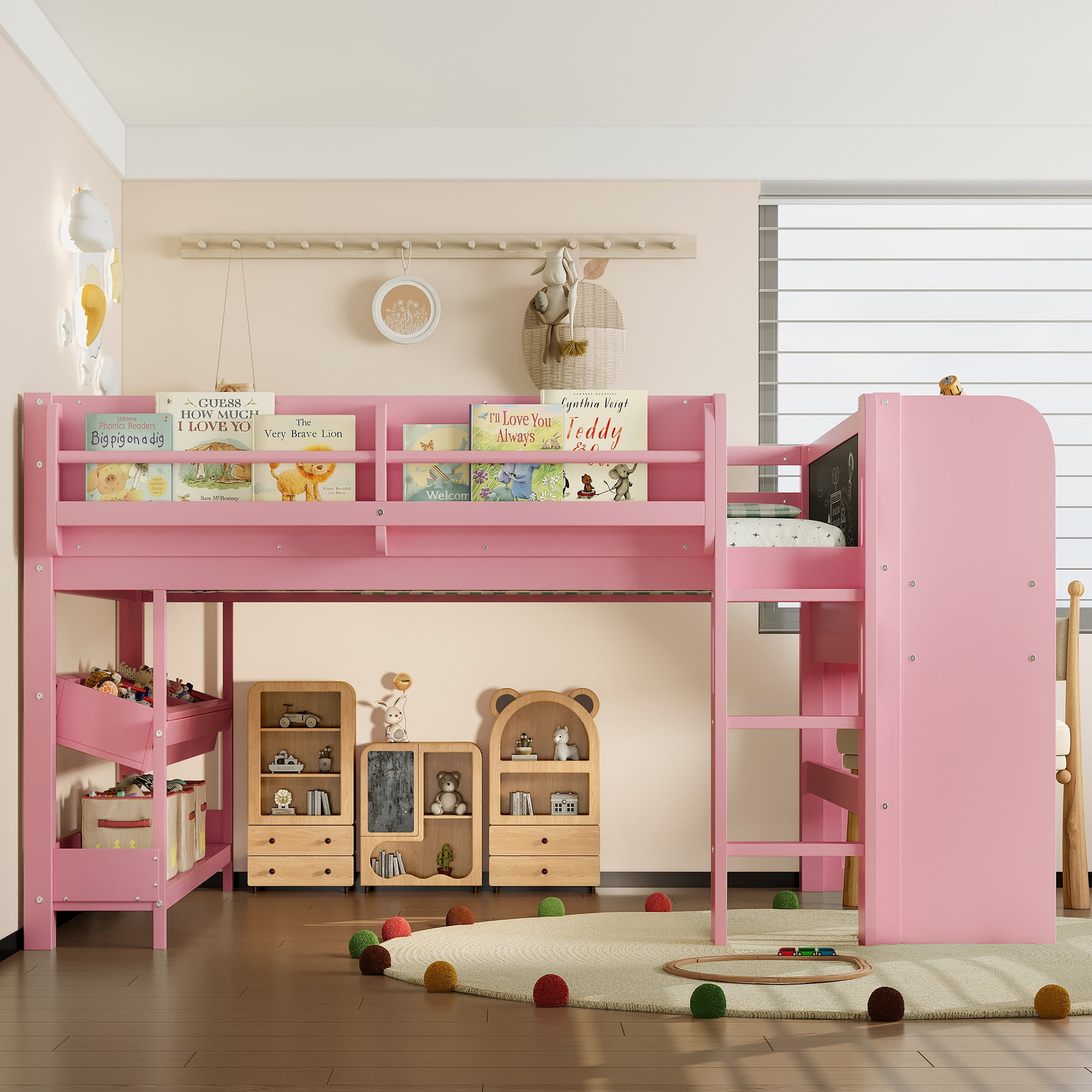 Mintazer Full Low Loft Bed with Desk & Blackboard, Kids Loft Bed with Storage Drawers, No Spring Box Needed, Pink