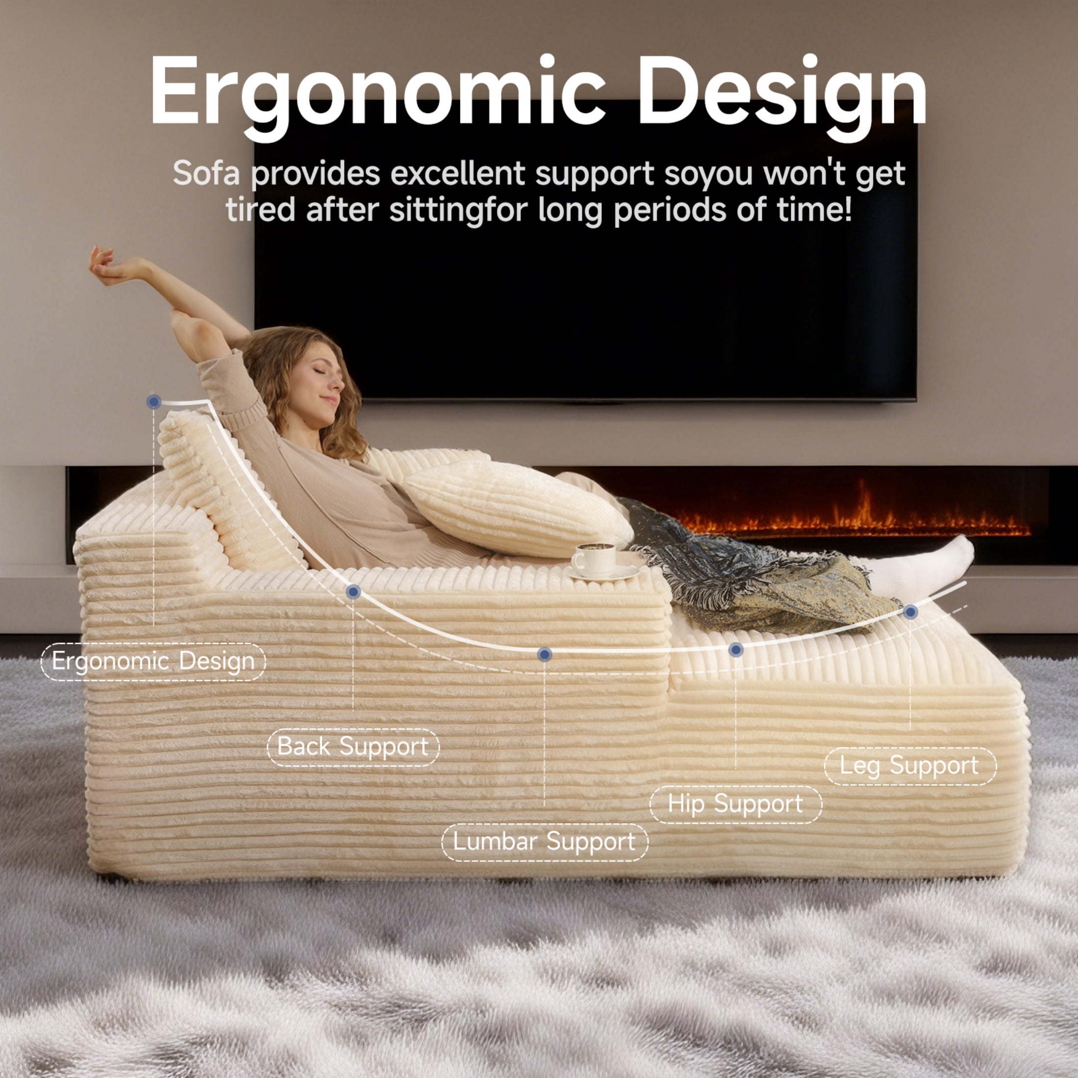 AISWORD 68.5'' Oversized Chaise Lounge Chair Indoor Corduroy Cloud Floor Sofa Bed No Assembly Required Deep Seat Boneless Couch with Pillows, Beige
