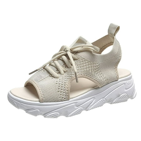 

Summer Women Sandals Mesh Casual White Thick Soled Lace Up Sandals Open Toe Beach Shoes