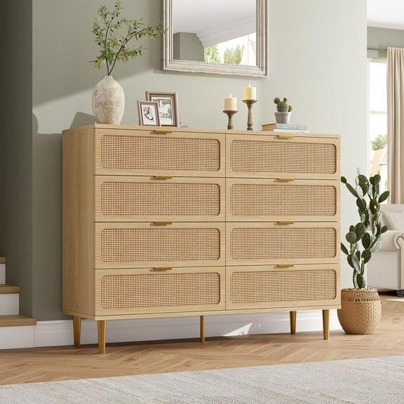 Ataucjin 8 Drawer Dressers for Bedroom, Rattan Dresser with Deep Drawers, Large Chest of Drawers for Closet with Wide Top, Long Wooden Dresser for Living Room, Hallway, Kids Room