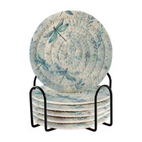 6 Pcs Drink Coasters with Holder 3.94in Woven Coasters for Drinks Delicate Dragonflies Pattern Coaster Set for Protection Table